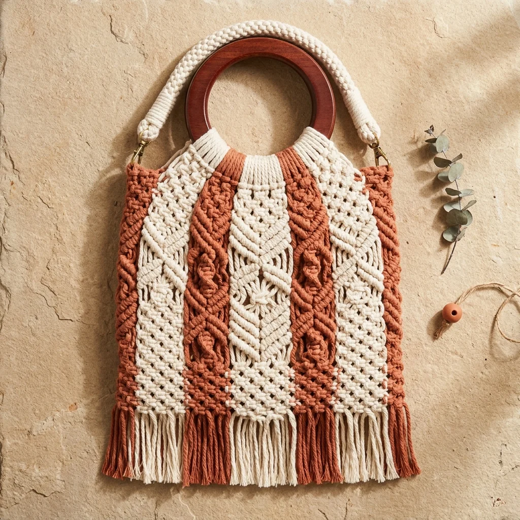 The Luna Macramé Tote – Cream & Terracotta - Image 3