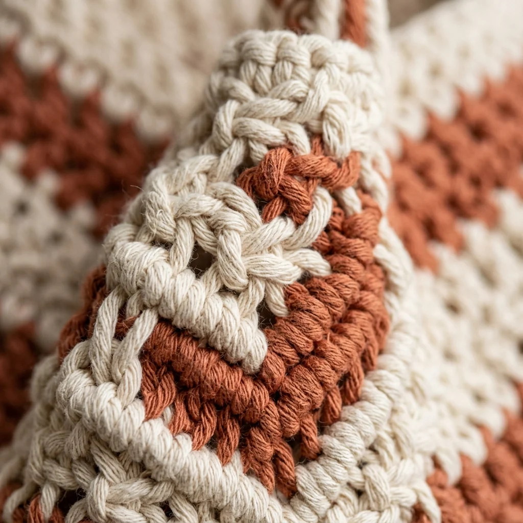 Close view of the Cream and Terracotta macramé construction on the Zemvo Luna tote